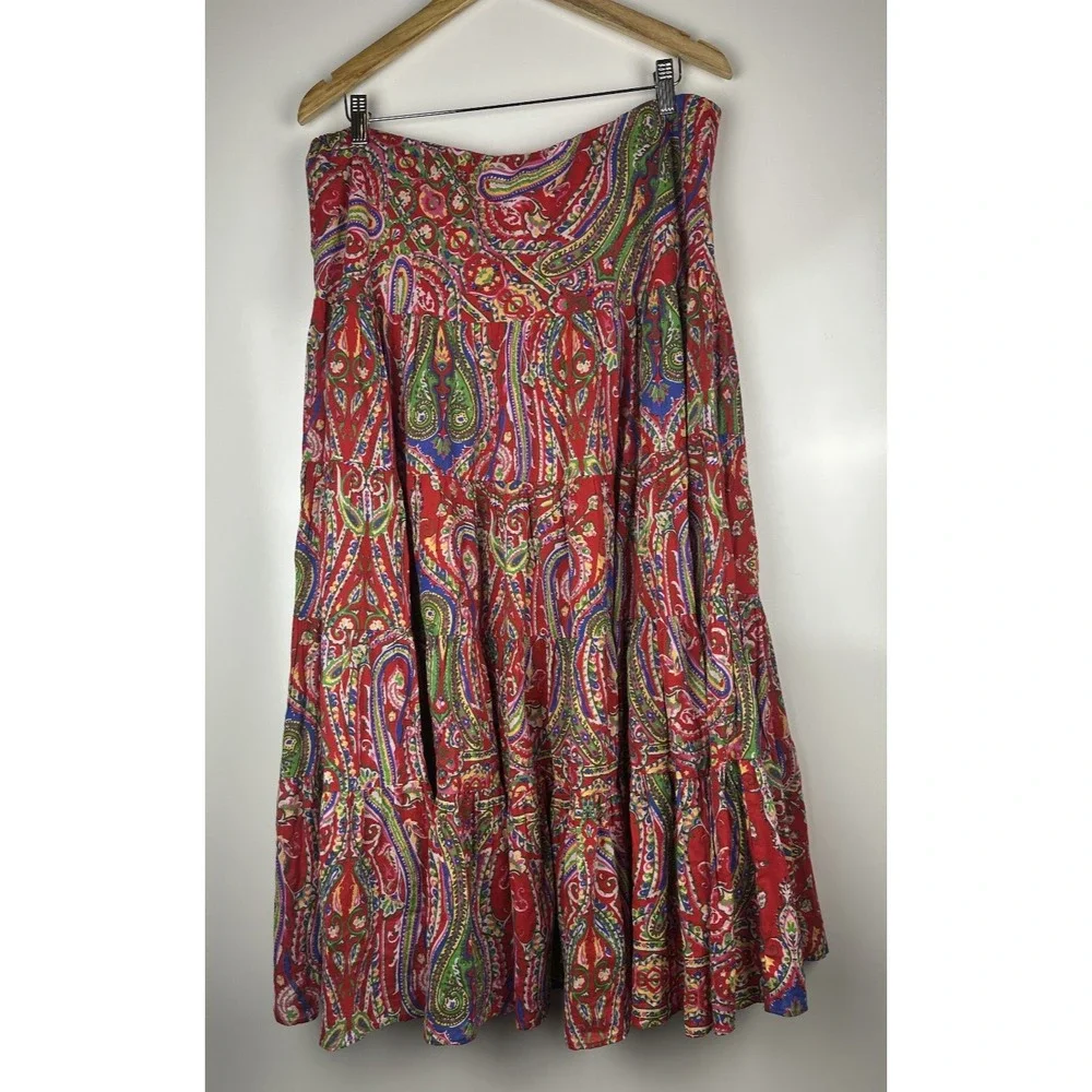 Lauren by Ralph Lauren Red Paisley Tiered Midi Maxi Full Length Skirt Size Large - Picture 7 of 9
